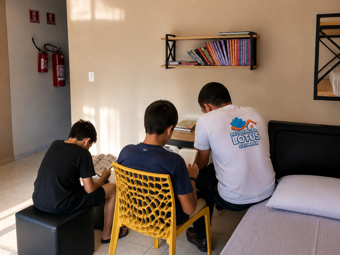 Momento de leitura acompanhada na Casa Lar, com identidades preservadas